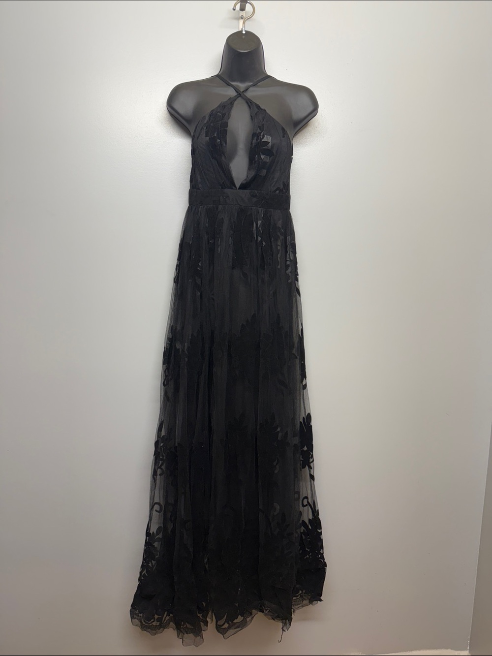 Luxxel Black Velvet Burnout Floral Mesh Halter Maxi Formal Gown Dress